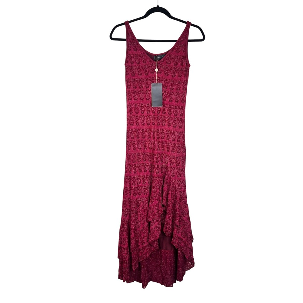 Maria Filo Burgundy Tricot Knit Lace High Low Ruffle Maxi Dress Womens Size M